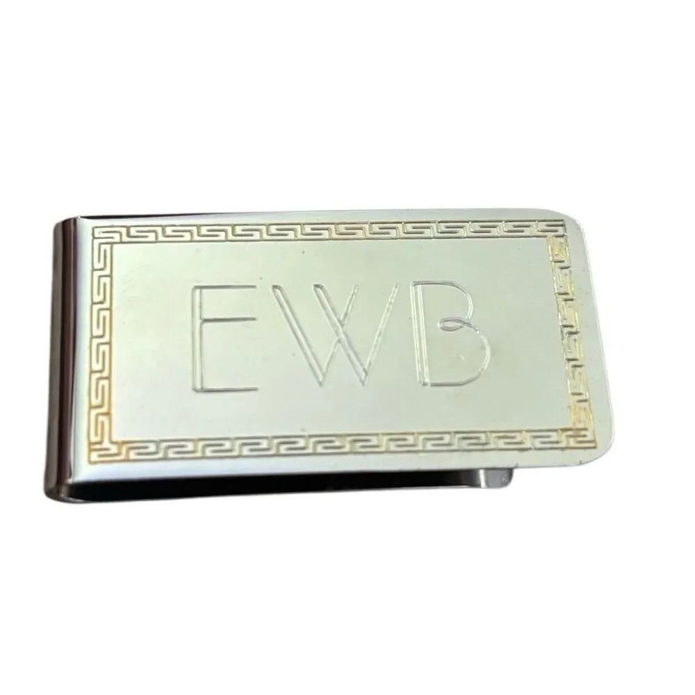 Vintage Personalized Two-Tone Money Clip – Gold Greek Key Border Engraved "EWB"